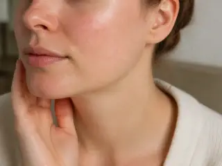 Joues et nez d’un visage de trois quarts, peau claire avec une rougeur diffuse, lumière douce de fenêtre