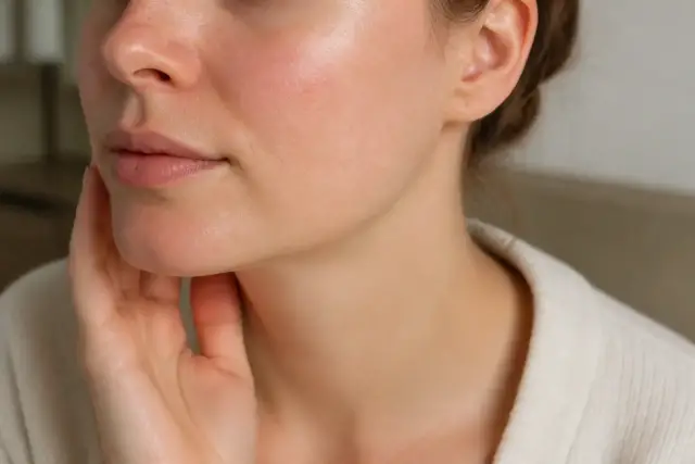 Joues et nez d’un visage de trois quarts, peau claire avec une rougeur diffuse, lumière douce de fenêtre
