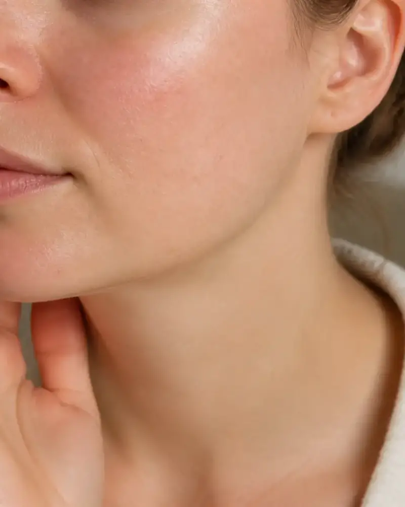 Joues et nez d’un visage de trois quarts, peau claire avec une rougeur diffuse, lumière douce de fenêtre