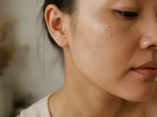 Joue et tempe d’un visage de trois quarts, peau mate marquée de quelques taches brunes, lumière douce